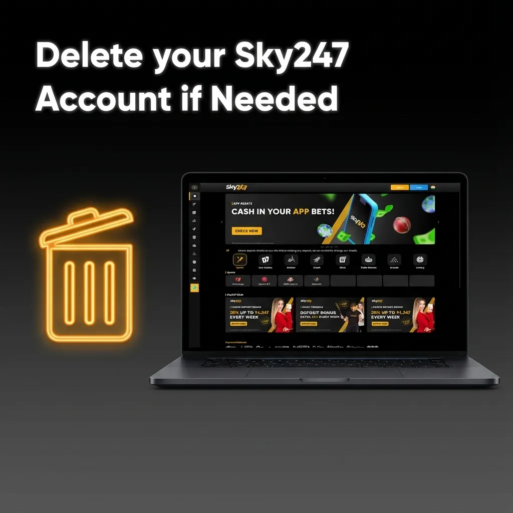 Illustration of a person deleting their Sky247 account, with icons for wallet, support chat, confirmation, and account closure