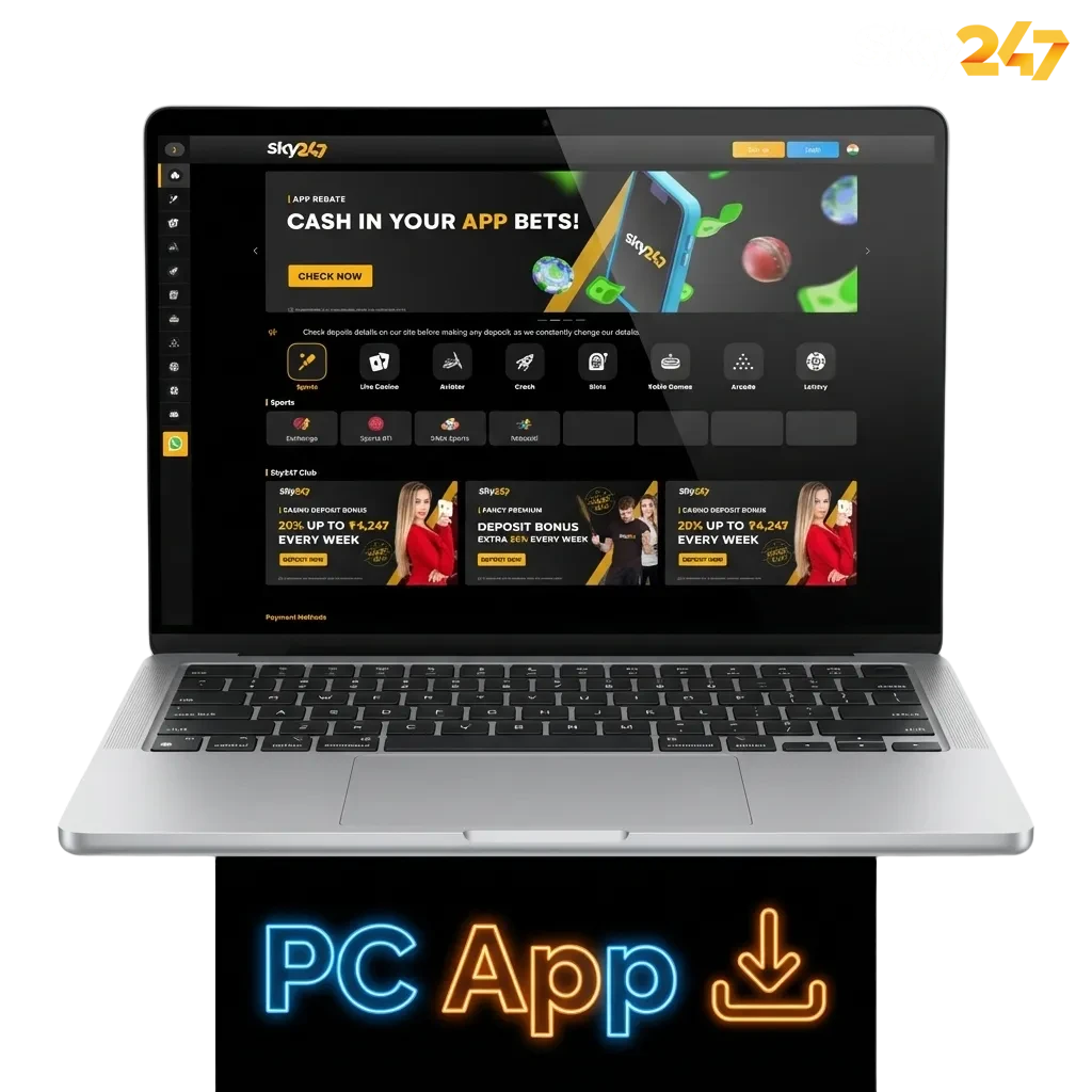 Sky247 desktop app promo showing sports betting and casino games on a computer for Windows and macOS
