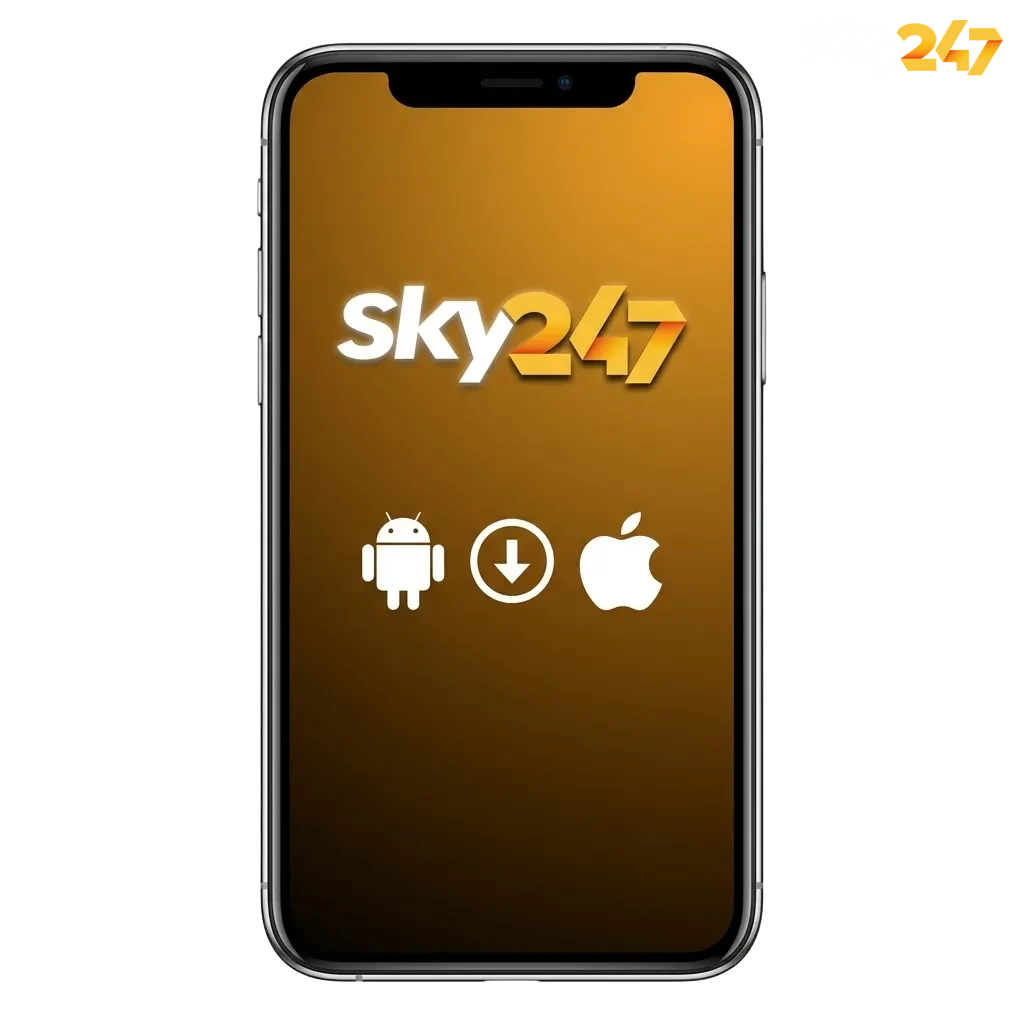 Sky247 app promo showing Android and iOS devices, 24% cashback bonus up to ₹10,247 for Indian sports betting and casino