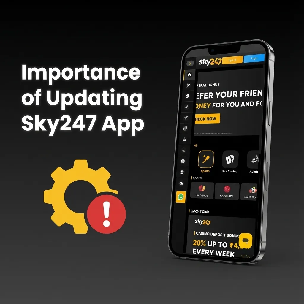 Graphic highlighting benefits of updating the Sky247 app: faster odds, better live betting, security, and fewer crashes