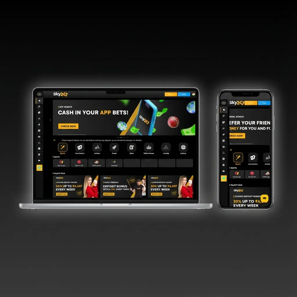 Sky247 India website interface with top menu for betting sections and visible bet slip, balance, and deposit button