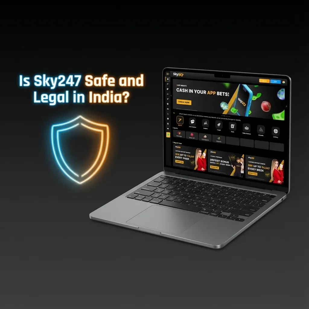 Illustration of Sky247 India legality, showing Curacao license, SSL shield, KYC checks, and responsible gaming icons