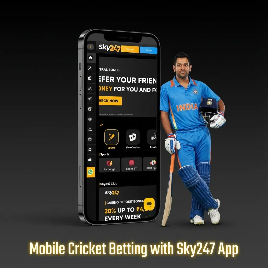Person using the Sky247 Android app on a smartphone to place a live cricket bet on a match in India