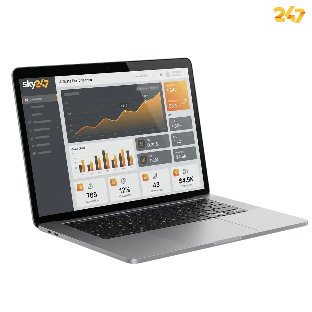 Sky247 Affiliate Program banner highlighting commissions, UPI/PayTM payouts, and support for India betting and casino partners