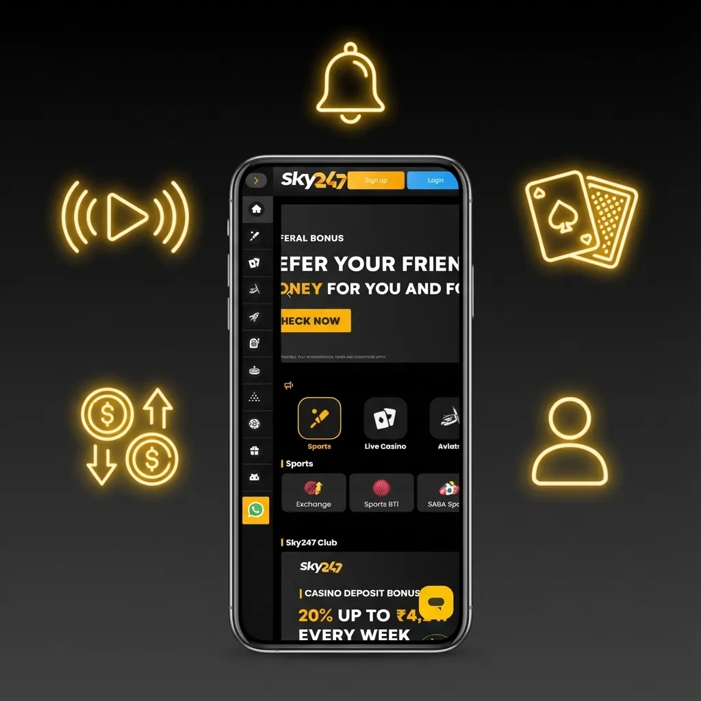 Sky247 app interface on a smartphone showing live betting, casino, and UPI deposit options for Indian users