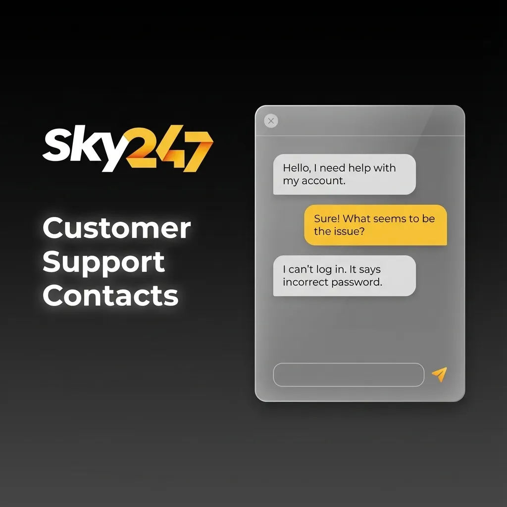 Icons for live chat, email, WhatsApp and FAQ showing Sky247 customer support contact options