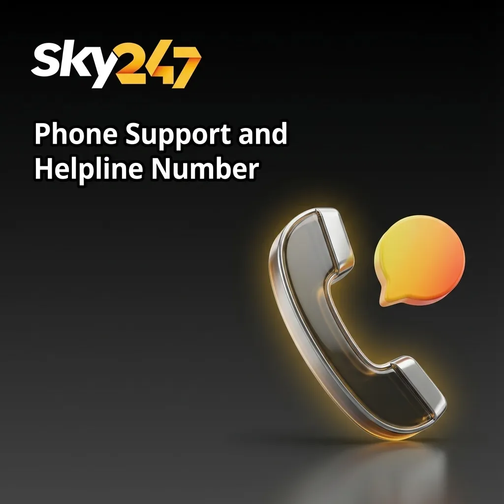 Illustration of a smartphone displaying a Sky247 helpline number with support icons for call and customer assistance