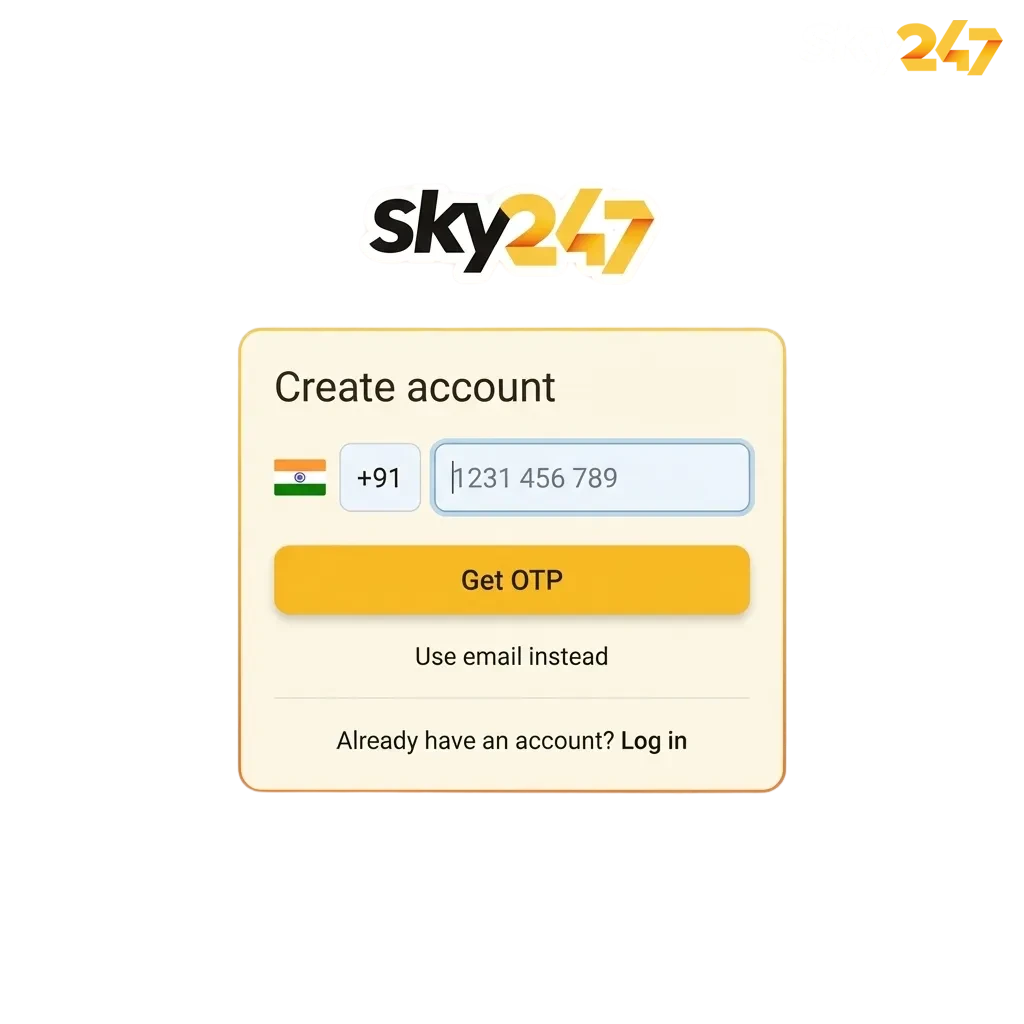 Illustration of Sky247 India registration, login, KYC verification and welcome bonus on desktop and mobile screens