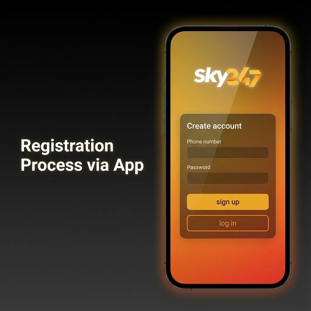 Illustration of Sky247 app registration steps on a smartphone, from sign-up screen to account confirmation