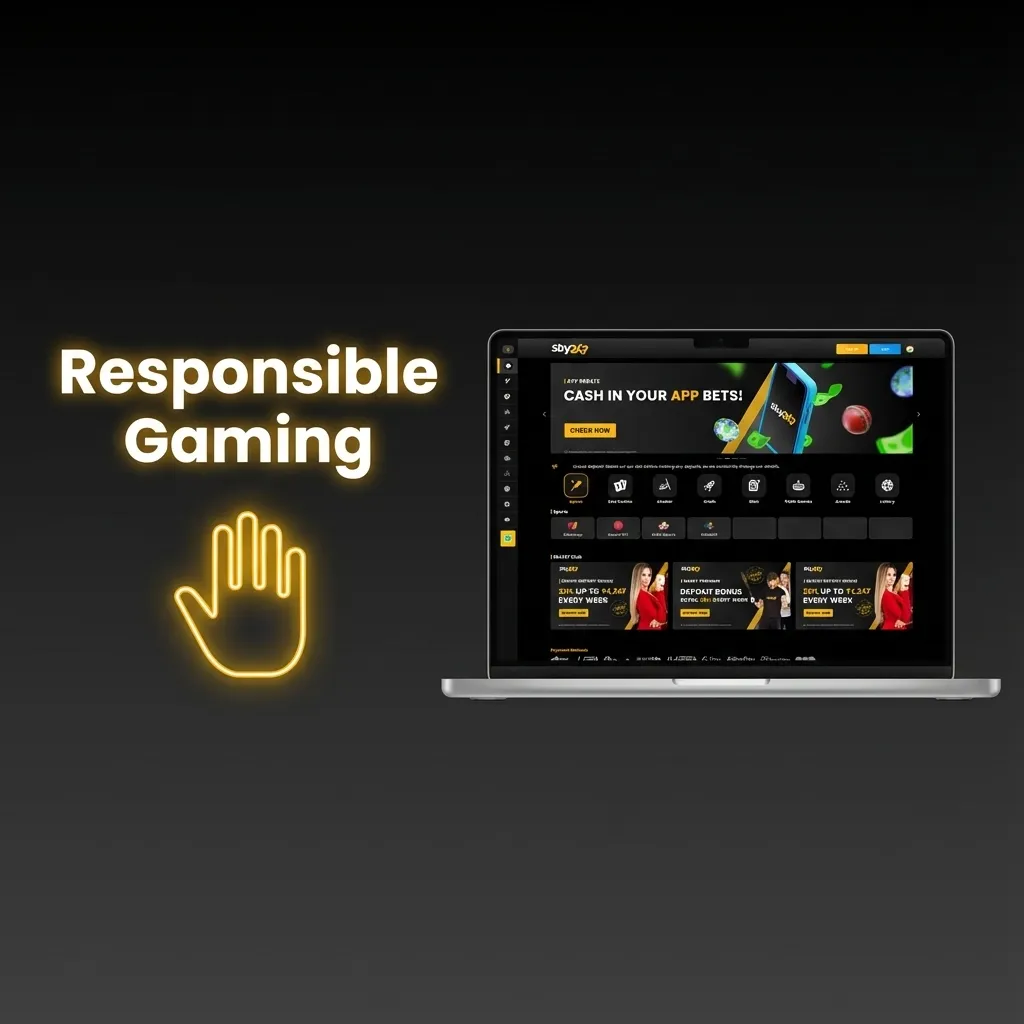 Illustration promoting responsible gaming on Sky247 India with icons for limits, breaks, security, and support.