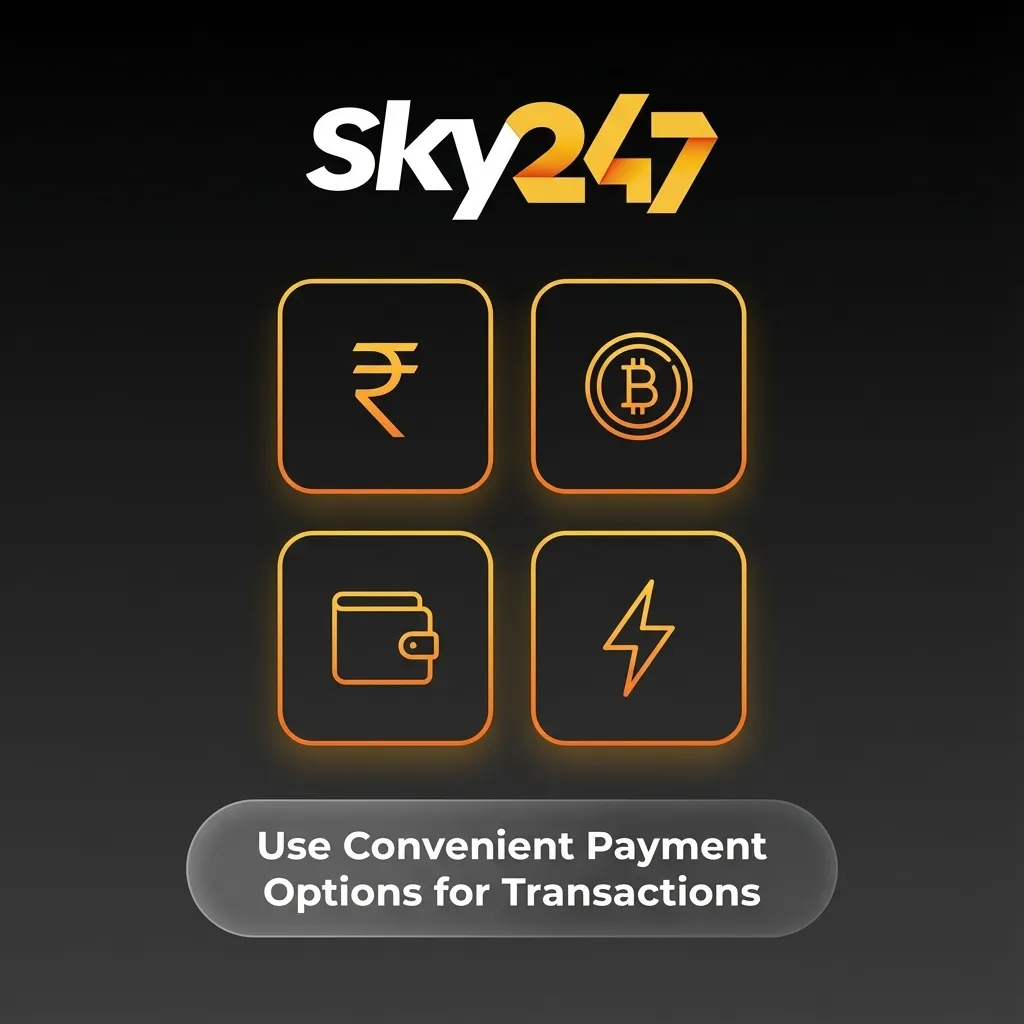 Sky247 payment options graphic showing UPI, PhonePe, PayTM, GPay and bank transfer with INR limits and withdrawal times