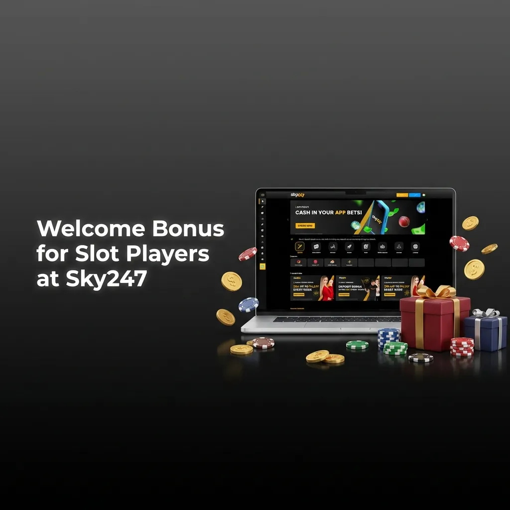 Sky247 welcome bonus banner showing 100% slot offer up to ₹10,000 with slots, cashback and free spins promotions