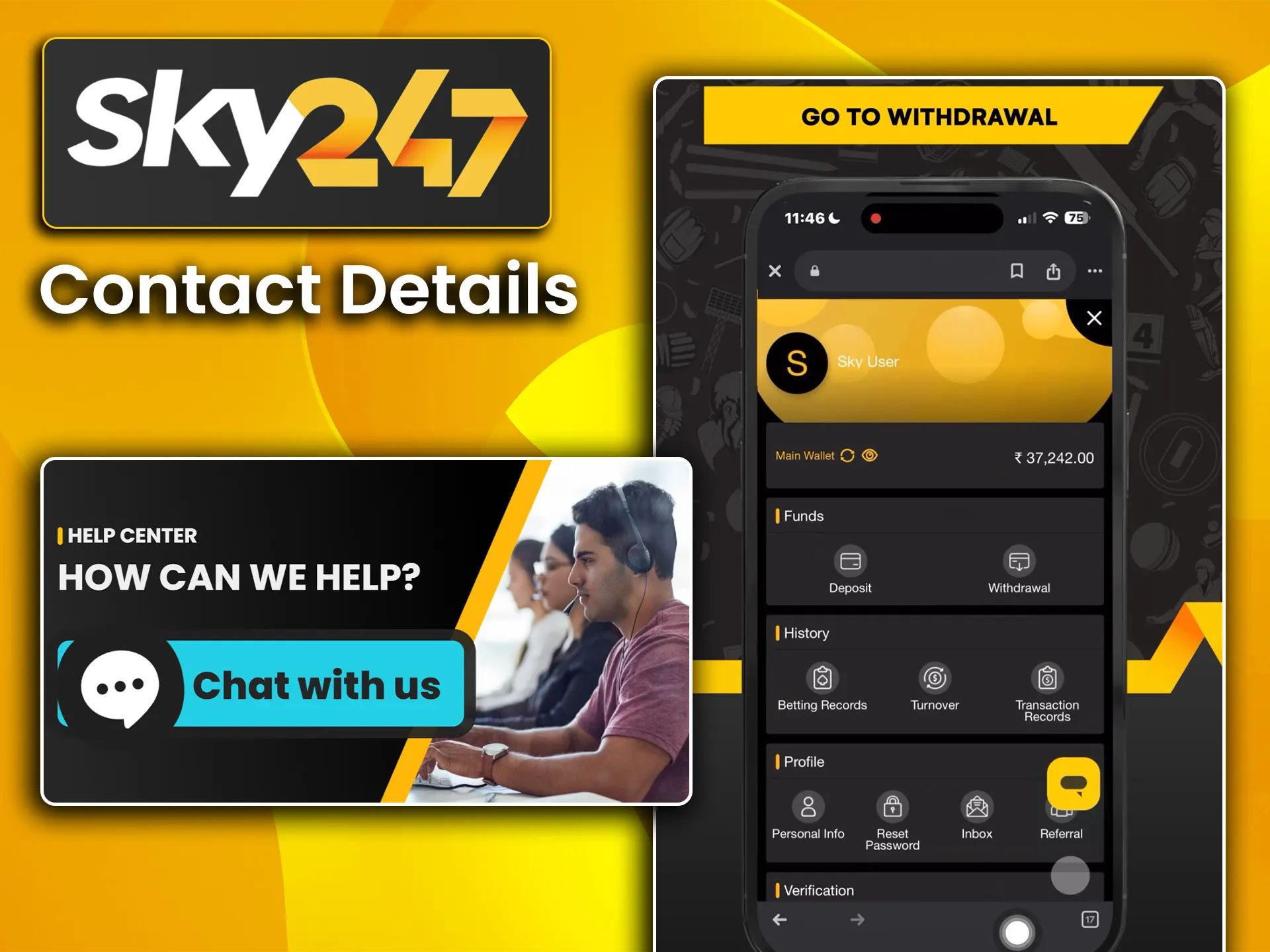 Find the official contact details for customer service and technical help on Sky247.