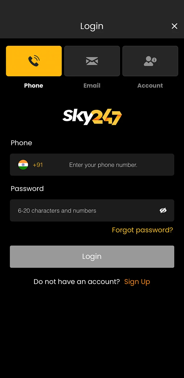 Please check that the details you have entered to log in to your Sky247 account are correct.