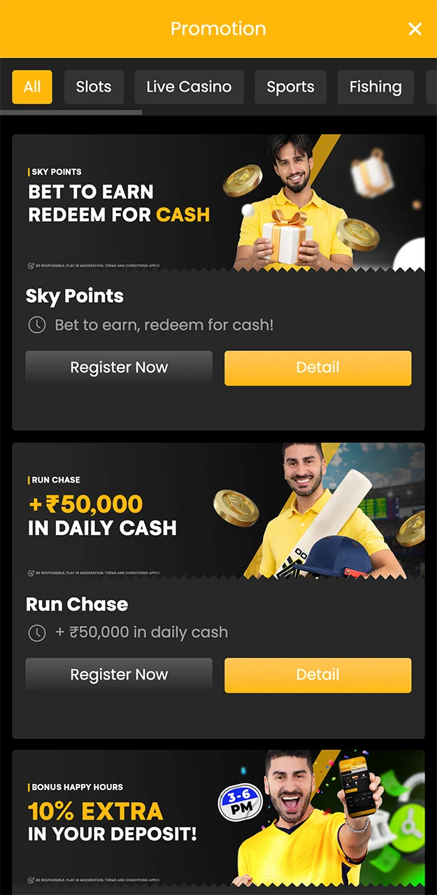 Promotions and bonuses on the Sky247 app.