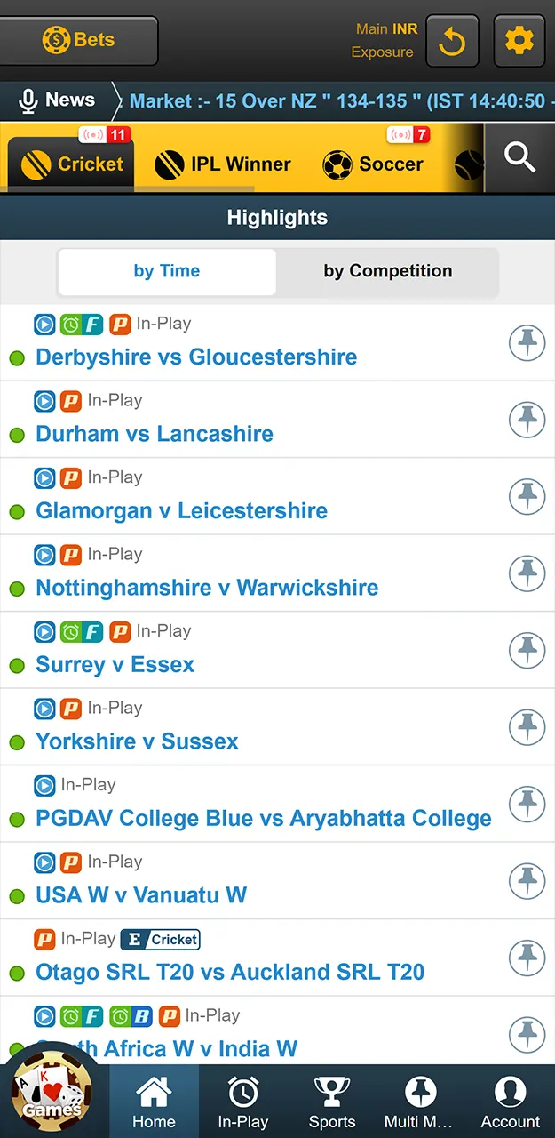 Navigate the sports menu to choose a cricket league and match for wagering on Sky247.