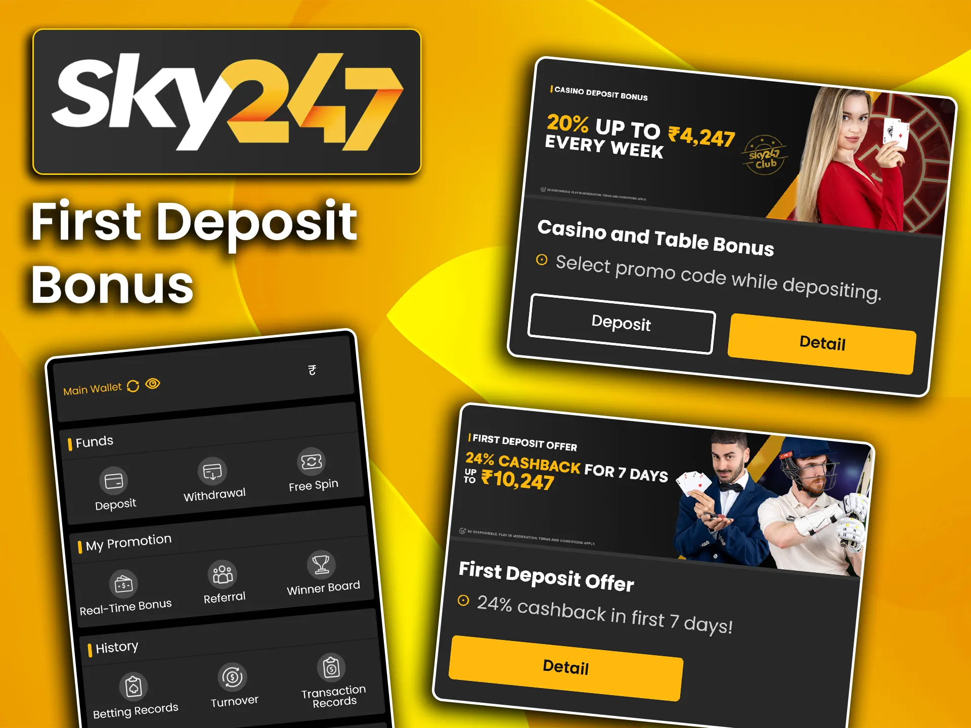 Claim the official first deposit bonus available exclusively for new players on Sky247.