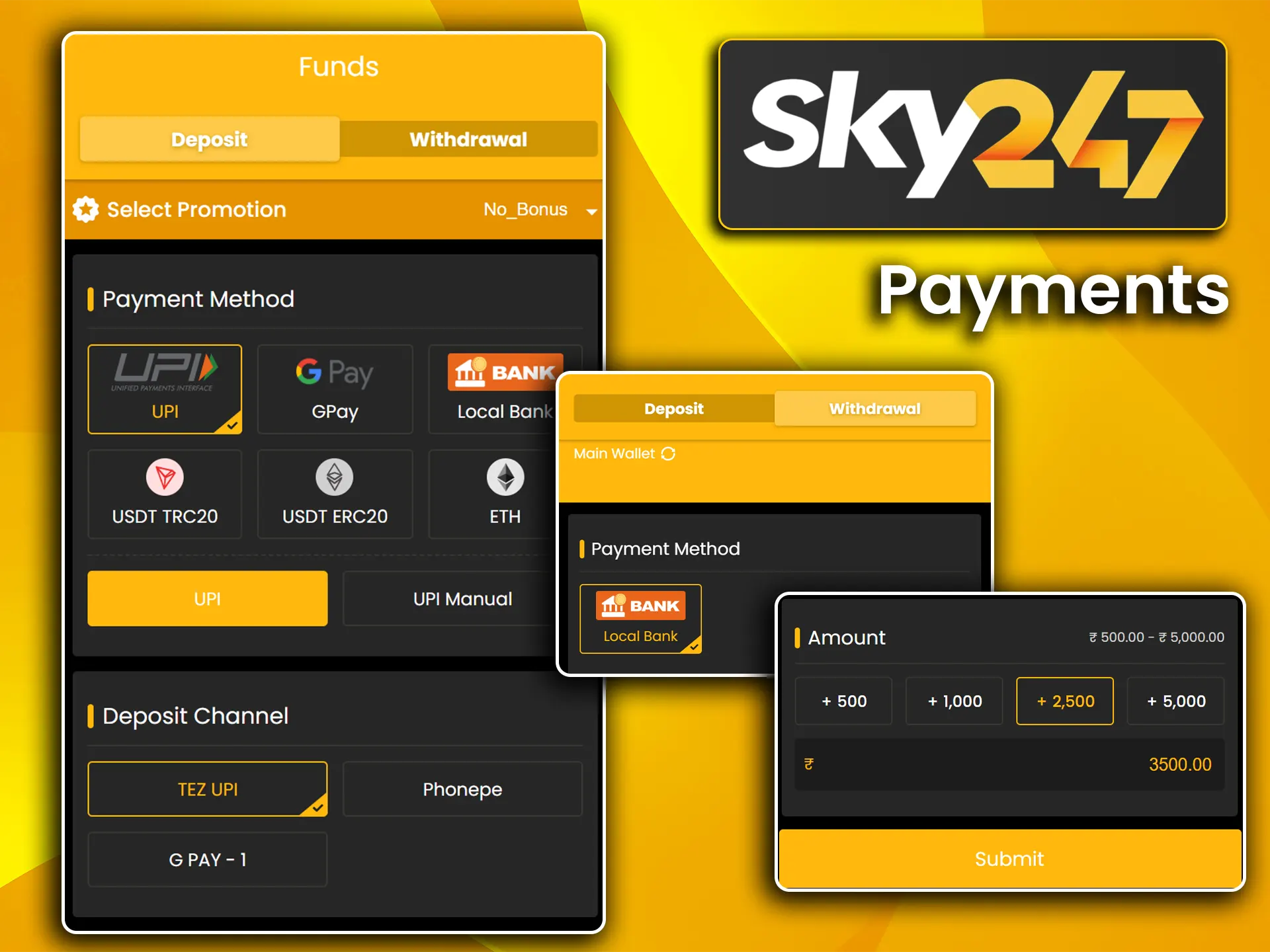 Choose from the popular deposit and withdrawal methods available on Sky247.