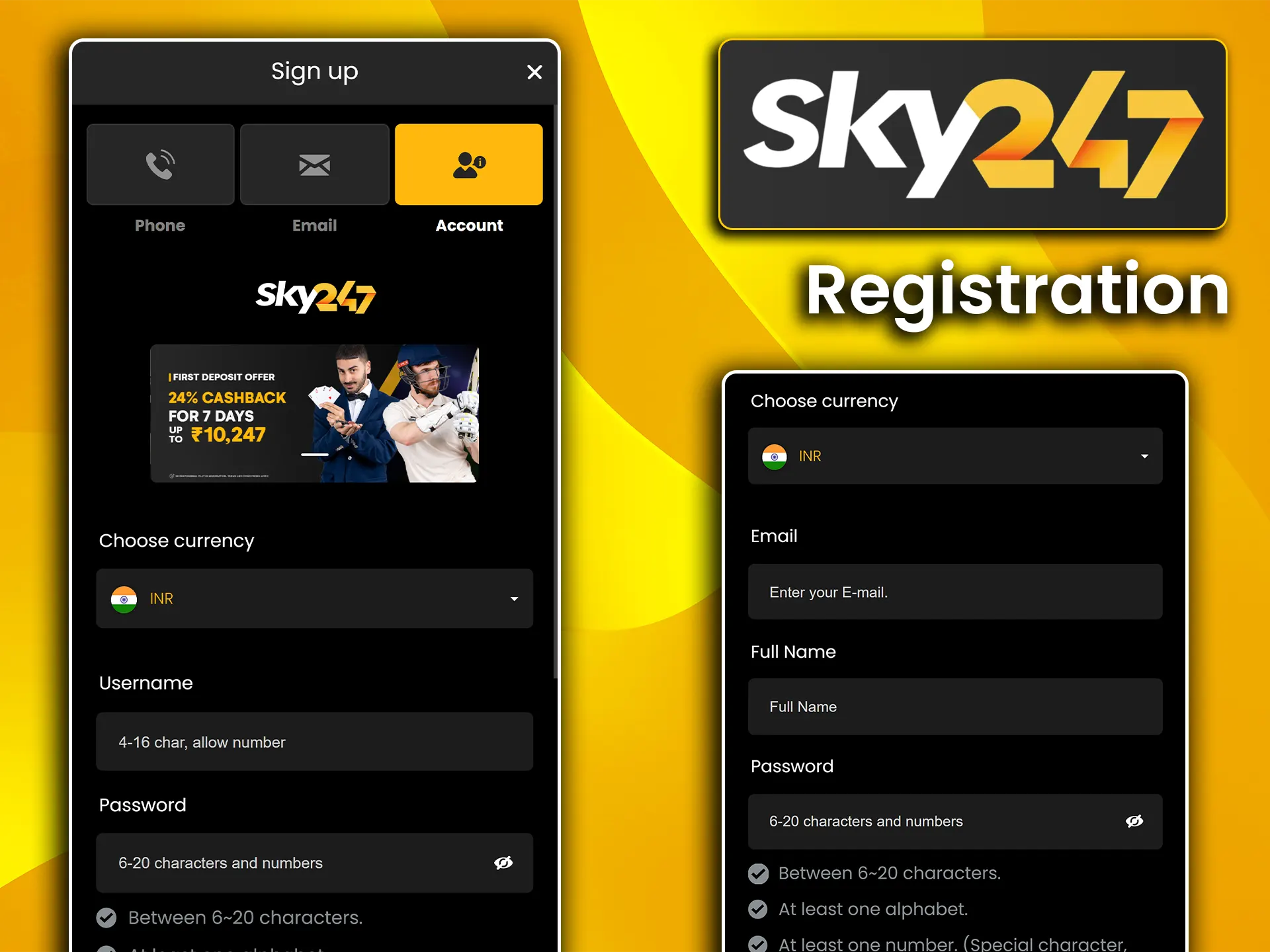 Follow the step-by-step guide to create your new player account at Sky247.
