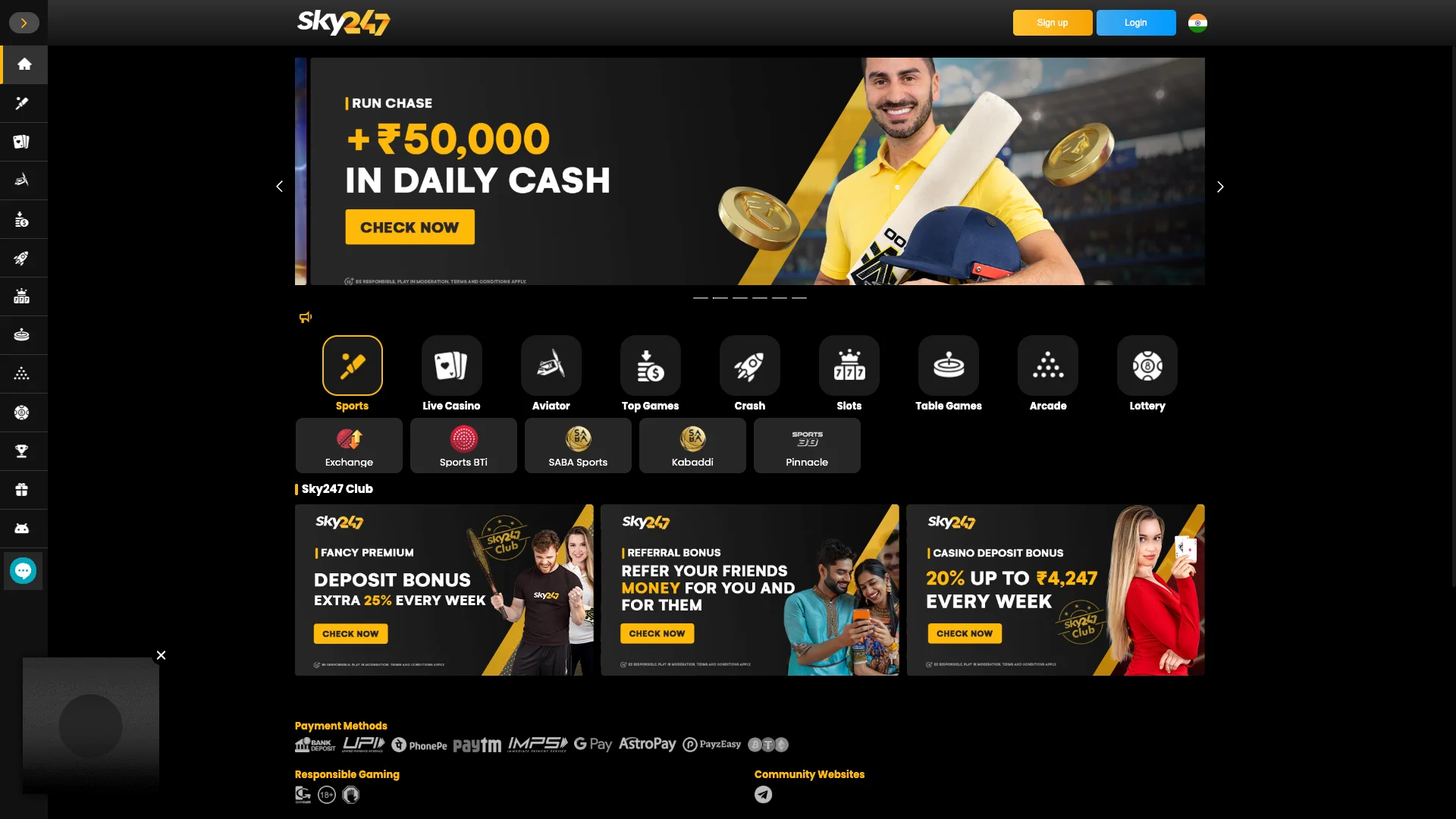 The Sky247 homepage.