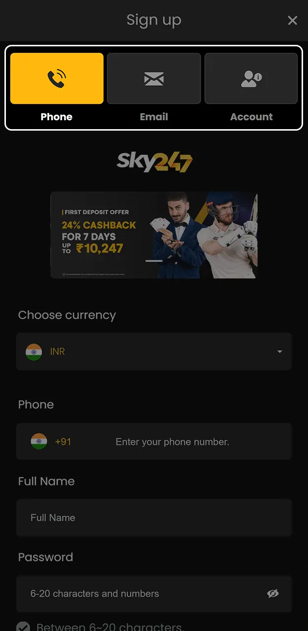 Select a registration method in the Sky247 mobile app.