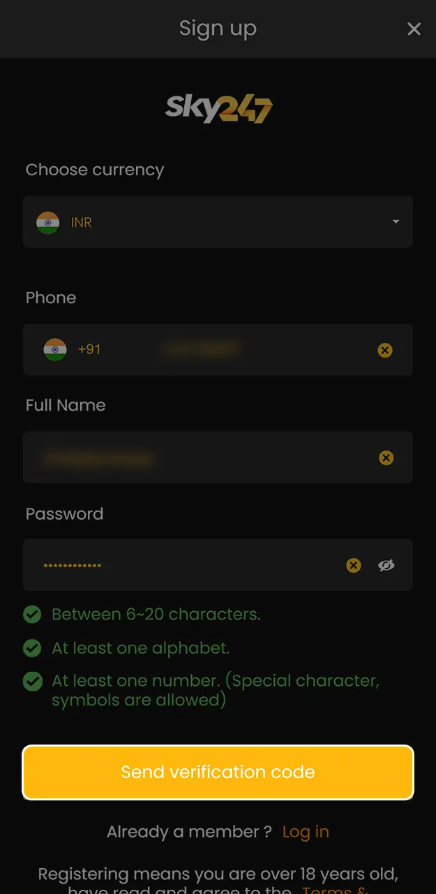 Enter the one-time password to verify the OTP or email for account activation on Sky247.