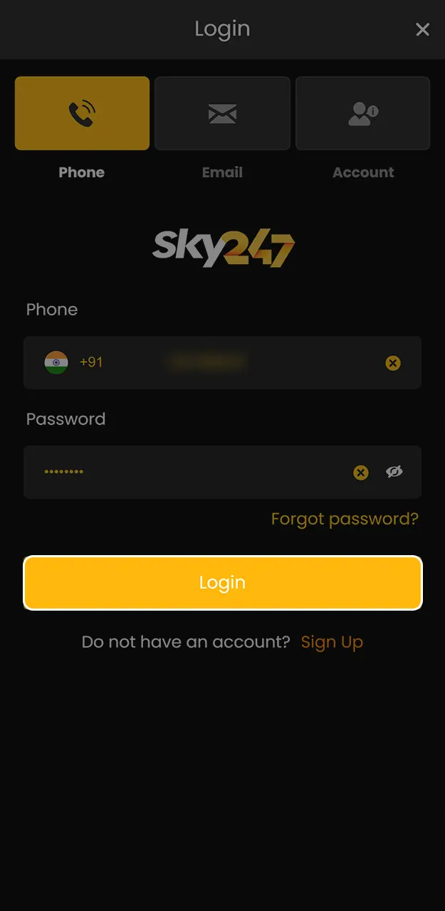 Verify your data and click the button to confirm and sign in to the platform on Sky247.