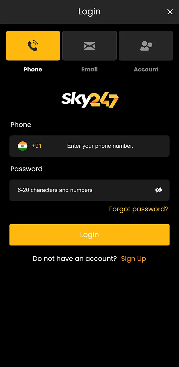 Log in to your account and start playing on Sky247.
