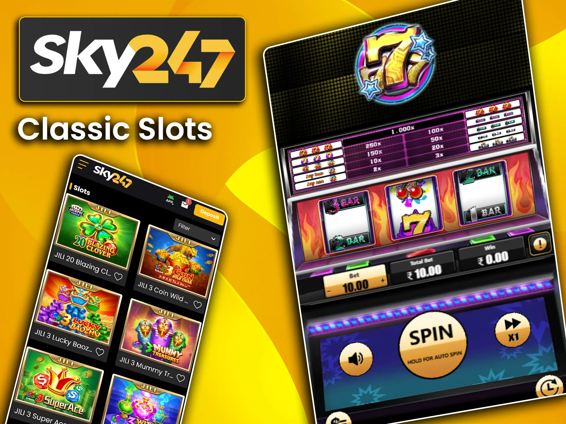 Play classic slot machines at Sky247.
